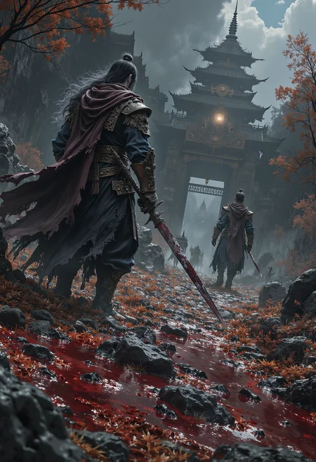 Blood-soaked ground, rusted blades, black smoke, faint chanting, cursed battlefield <lora:Elden_Ring_-_Yoshitaka_Amano.safetensors:1.0>, <lora:black_fantasy.safetensors:0.75>,