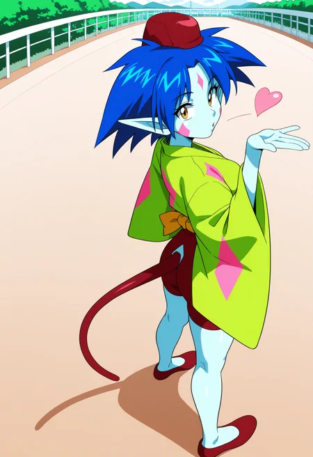 ponko, 1girl, solo, breasts, short hair, long sleeves, japanese clothes, pointy ears, wide sleeves, colored skin, outstretched arms, clothing cutout, tail, facial mark, red footwear, red headwear, retro artstyle, 1990s
BREAK
Standing, blowing kiss
BREAK
outside, theme park, stalls
BREAK
masterpiece,best quality,absurdres,very aesthetic,perspective, <lora:ponko_IL_Lora_v1:1> <lora:Lune_soft_style:1>