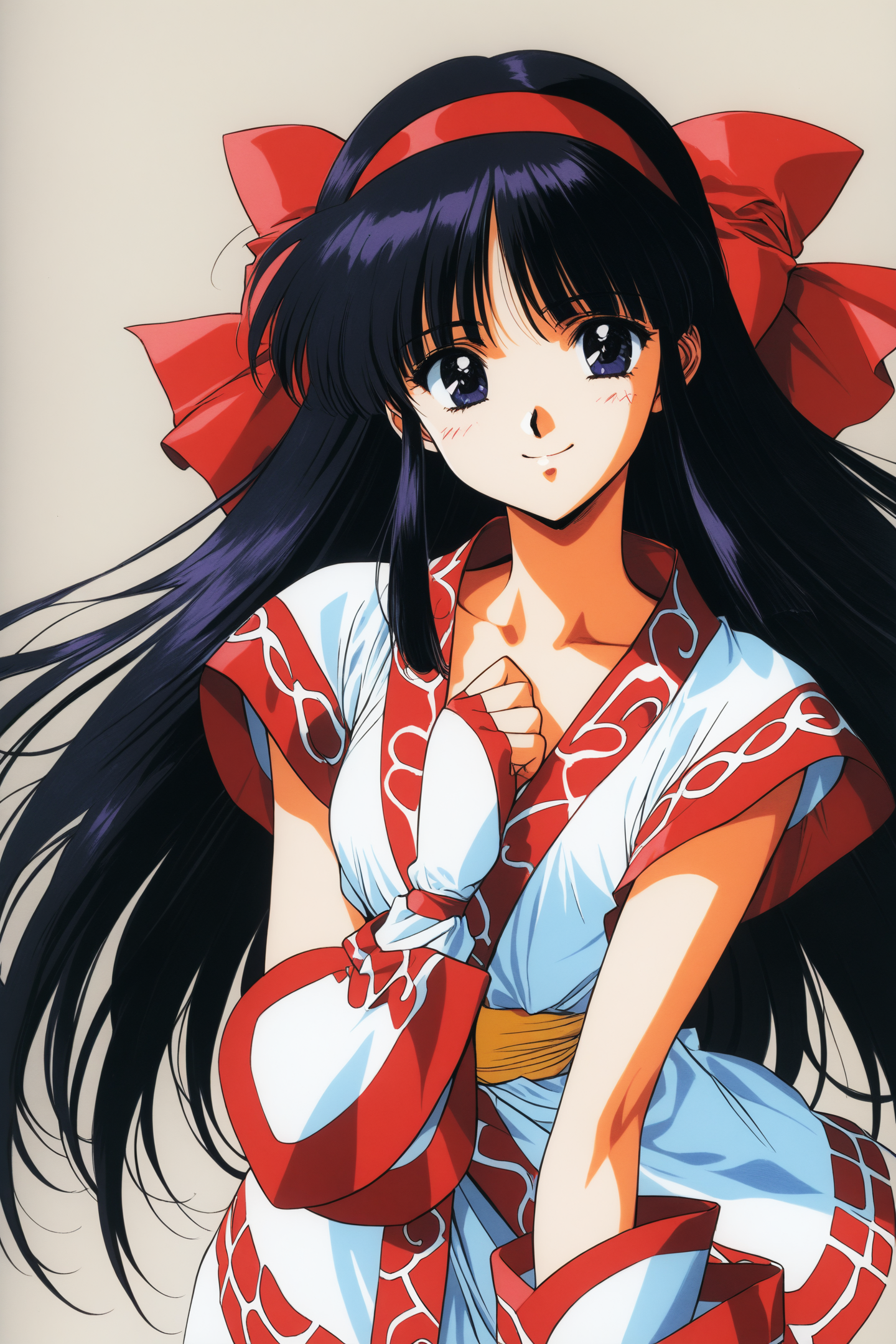 masterpiece,best quality,high quality,high score,great score,absurdres,
NakoRuru,1girl,solo,1990s \(style\),long hair,red bow,bow,black hair,hair bow,fingerless gloves,hairband,gloves,black eyes,ainu clothes,smile,simple background,looking at viewer,hand on own chest,traditional media,retro artstyle,
<lora:yuuki nobuteru_XL_v2:0.8>,