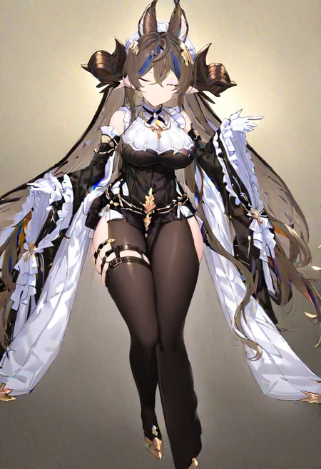 masterpiece, best quality, ultra-detailed, beautiful, nai3, 1girl, solo, full_body, tachi-e,
galleondef, horns, closed eyes, dress, white gloves, frills, detached sleeves, frilled sleeves, thighhighs, thigh strap, pelvic curtain