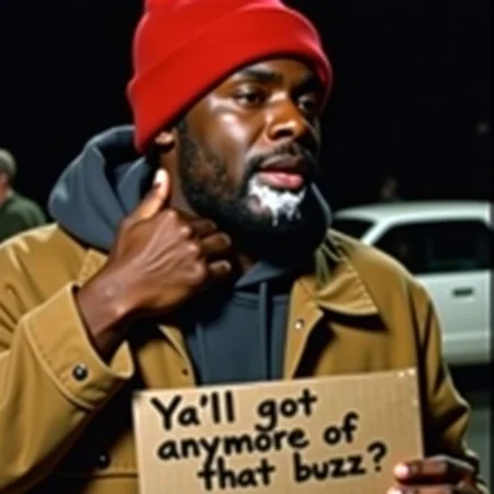 black man wearing a red beanie and a tan jacket with a dark hoodie underneath. white powder on lips, He has a serious or slightly distressed expression on his face and is gesturing toward his neck with his hand. he holds a cardboard sign that says "Ya'll got anymore of that buzz?" The lighting suggests an outdoor, nighttime setting, with blurred background elements indicating a possible urban environment. The image has a grainy, low-resolution quality, suggesting it may be from a video or older media format.