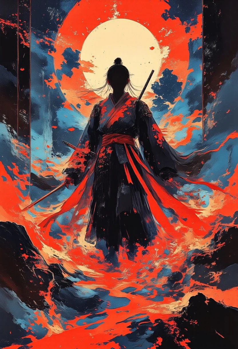 A captivating digital illustration of a female warrior mid air in fighting pose, weightless, floating. She wears traditional yet sensual attire, set against a fiery blue backdrop. The warrior stands confidently, her figure clad in a flowing, intricately designed kimono-inspired garment that blends elegance with combat readiness. The outfit features vibrant colors and patterns, such as golds, reds, and blues, symbolizing strength and cultural heritage. Her long, flowing hair cascades behind her, adding a dynamic sense of movement. A katana sword rests sheathed on her back, reinforcing her warrior persona. The lighting is dramatic, with the sun's golden rays piercing through the red haze, casting an otherworldly glow that highlights her silhouette. The composition balances strength and allure, with the interplay of deep shadows and vibrant tones creating a dramatic, intense atmosphere. Sensual fantasy, traditional fusion, epic heroine. aidmamj6.1, TOK, pscho_4rt, surreal, glitch effects