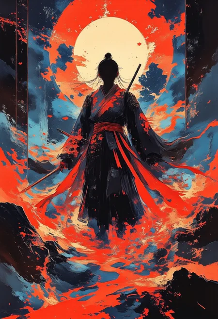 A captivating digital illustration of a female warrior mid air in fighting pose, weightless, floating. She wears traditional yet sensual attire, set against a fiery blue backdrop. The warrior stands confidently, her figure clad in a flowing, intricately designed kimono-inspired garment that blends elegance with combat readiness. The outfit features vibrant colors and patterns, such as golds, reds, and blues, symbolizing strength and cultural heritage. Her long, flowing hair cascades behind her, adding a dynamic sense of movement. A katana sword rests sheathed on her back, reinforcing her warrior persona. The lighting is dramatic, with the sun's golden rays piercing through the red haze, casting an otherworldly glow that highlights her silhouette. The composition balances strength and allure, with the interplay of deep shadows and vibrant tones creating a dramatic, intense atmosphere. Sensual fantasy, traditional fusion, epic heroine. aidmamj6.1, TOK, pscho_4rt, surreal, glitch effects