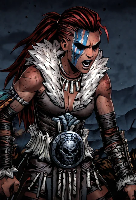 masterpiece, best quality, newest, absurdres, highres, anime, anime style, HellionDD-Il.V1.0, jewelry, necklace, red hair, armor, leather armor, fur coat, red hair, tribal, clevage, black eyes, shaded eyes,