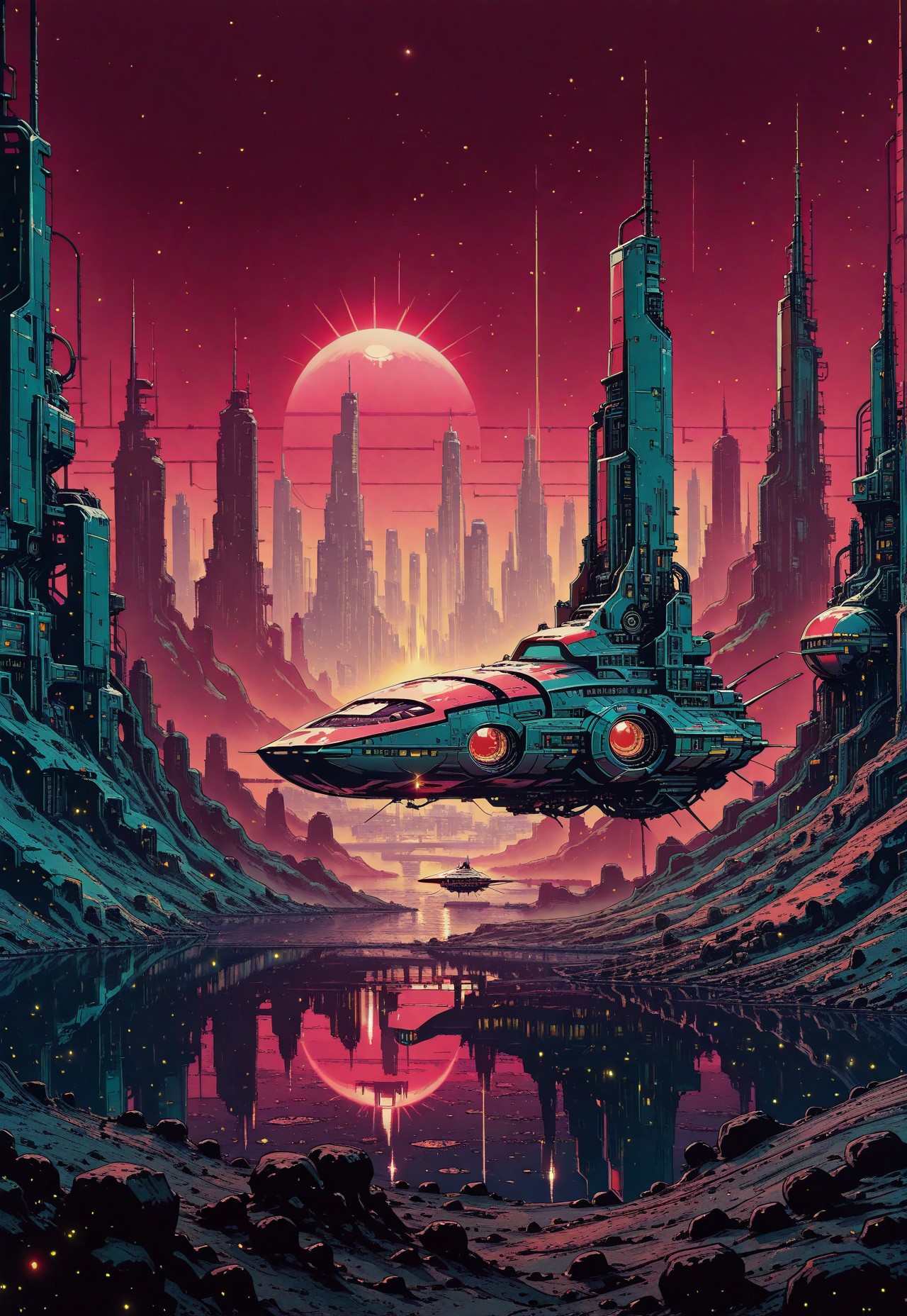 landscape, giant arc, skyscrapers, cityscape, pond, reflections, crimson sky, space ship, dramatic sunset, sun rays, light particles, lens flares,  bridge, architecture, scenery, no humans, cyberpunk, science fiction, dystopian,  anime screencap,  painterly, volumetric lighting, no line art, no outline, photo (medium), fine art, masterpiece, best quality, good quality, very awa, very aesthetic, absurdres, newest, 8k, high contrast, sci-fi, illustration, retro, in the style of cknc