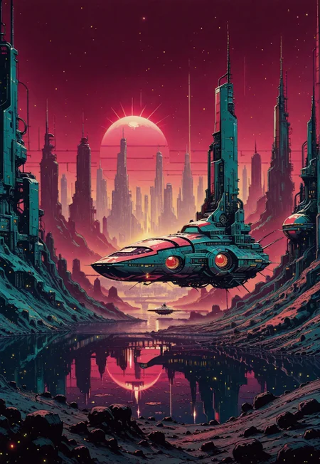 landscape, giant arc, skyscrapers, cityscape, pond, reflections, crimson sky, space ship, dramatic sunset, sun rays, light particles, lens flares, bridge, architecture, scenery, no humans, cyberpunk, science fiction, dystopian, anime screencap, painterly, volumetric lighting, no line art, no outline, photo (medium), fine art, masterpiece, best quality, good quality, very awa, very aesthetic, absurdres, newest, 8k, high contrast, sci-fi, illustration, retro, in the style of cknc