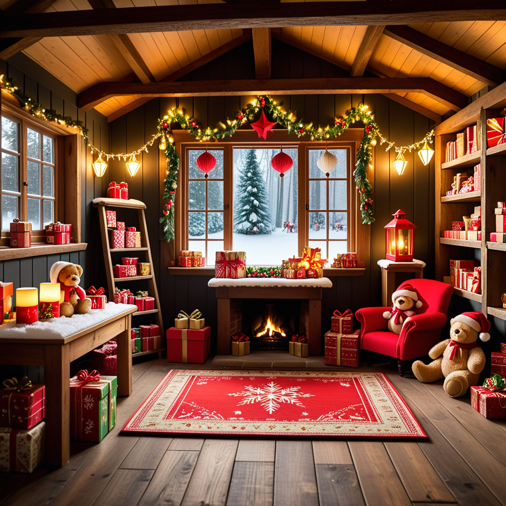 A warm, inviting photograph of Santa Claus's workshop, completely empty yet brimming with festive energy. The room is illuminated by soft golden light from lanterns hanging from wooden beams and a crackling fireplace in the corner. Wooden tables are scattered with tools, paints, and half-assembled toys, including a bright red train, a teddy bear, and colorful wooden blocks. Shelves along the walls overflow with vibrant gift boxes, plush toys, and neatly stacked wrapping paper rolls. The floor is dusted with wood shavings and glitter, adding a sense of activity left behind. Snow-covered windows reveal a faint winter landscape outside, with icicles hanging from the edges. A large chalkboard on one wall lists "Nice & Naughty" names in festive handwriting. The air feels magical, as though the elves just stepped out for a break, leaving the workshop frozen in a perfect holiday moment.<lora:SDXLFaeTastic2400:0.4> <lora:extremely_detailed:0.4> extremely detailed,, Masterpiece,best quality,hi res,8k,hi res,8k,award winning,(sharp focus, intricate, highly detailed),