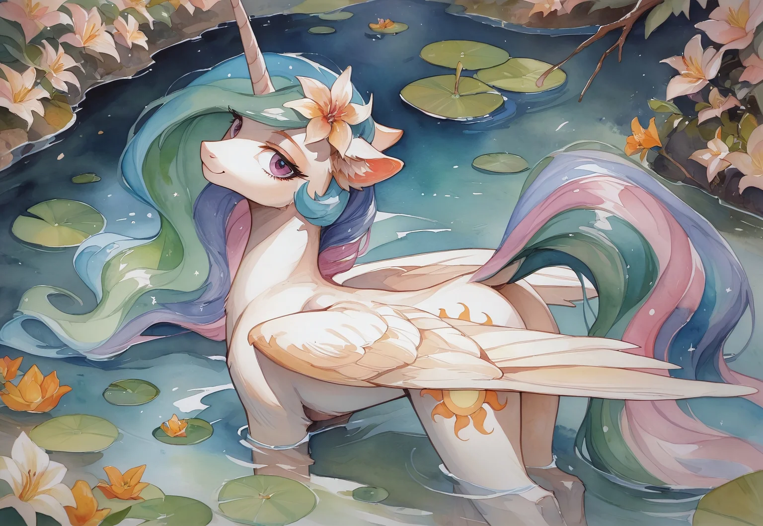 safe_pos, score_9, score_8_up, score_7_up, score_6_up, princess celestia, alicorn, pony, g4, both cutie marks, cute, cutelestia, ear fluff, female, floppy ears, flower, flower in hair, from above, lidded eyes, lily (flower), looking at you, looking back, looking back at you, looking up, mare, pretty, slender, solo, folded wings, thin, branch, water, wings, watercolor \(medium\), traditional media, stand