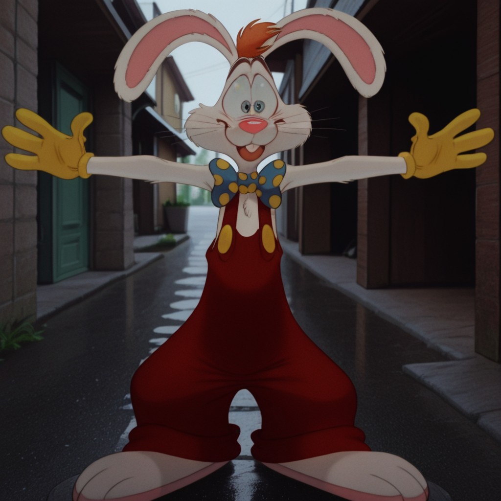 masterpiece, best quality, amazing quality, Rogerrbbtil, anthro, male, rabbit_boy, rabbit ears, white fur,blue eyes, orange hair, red overalls, buck teeth, bowtie, yellow gloves, standing, outside, outstretched arms,, <lora:7064f0ae-dc78-4439-ac93-86ef317163f5:1.0>