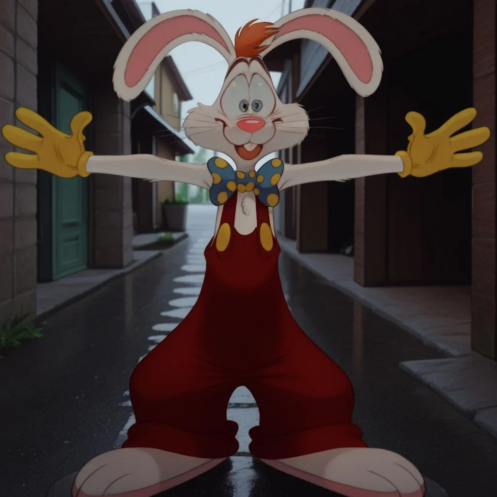 masterpiece, best quality, amazing quality, Rogerrbbtil, anthro, male, rabbit_boy, rabbit ears, white fur,blue eyes, orange hair, red overalls, buck teeth, bowtie, yellow gloves, standing, outside, outstretched arms,, <lora:7064f0ae-dc78-4439-ac93-86ef317163f5:1.0>