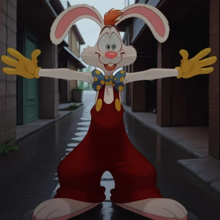 masterpiece, best quality, amazing quality, Rogerrbbtil, anthro, male, rabbit_boy, rabbit ears, white fur,blue eyes, orange hair, red overalls, buck teeth, bowtie, yellow gloves, standing, outside, outstretched arms,, <lora:7064f0ae-dc78-4439-ac93-86ef317163f5:1.0>