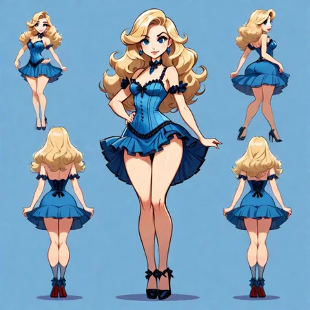 <lora:Character Design:0.7>, ((flat color)), Character Design - A set cartoon character design of a girl with long wavy blonde hair, character design, fullbody, with the view from front, side, back and 3/ 4 of the character,  short blue burlesque dress