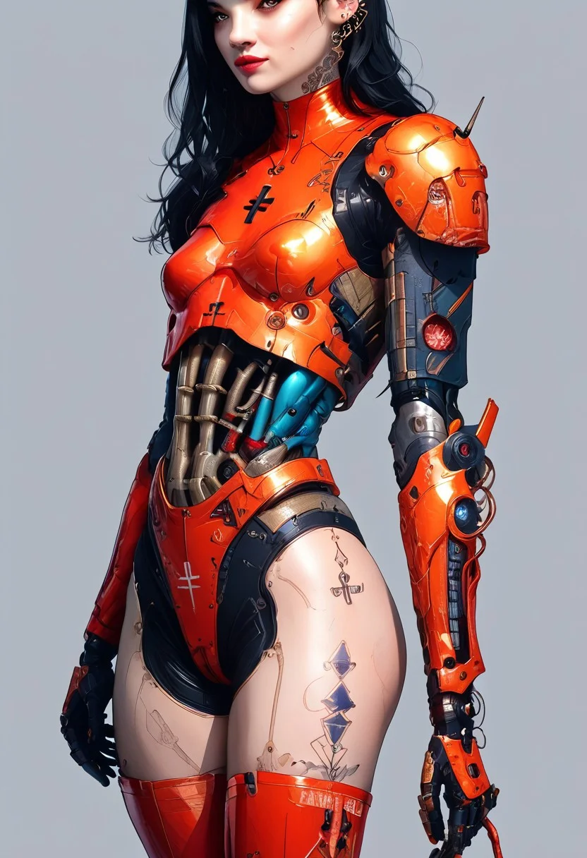 score_9, score_8_up, score_7_up, score_6_up, score_5_up, score_4_up, 1 girl, solo, female focus, looking at the spectator, (5'2" 100 lbs, 32A, petite build, small breasts, toned legs, flat stomach, multiple tattoos, nose ring, bright smile, piercing brown eyes, long dark hair, porcelain skin), (Nanotech armor in rose gold latex, red cross accents, hugs nipples, gold carbon-titanium skeleton, nanotech robo arms, high-heeled legs, silver details, velvet ribbons, sapphire inserts, ultra realistic textures, radiant finish, bright colors, delicate patterns:1.5), plain contrasting background. 4k, 8k, UHD, RTX, Ultra realistic details, ultra realistic textures