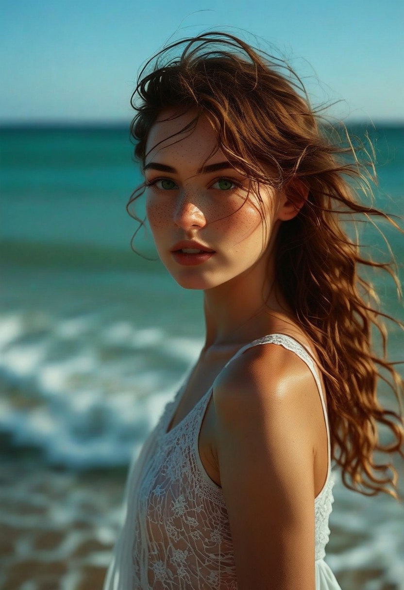neoteny, small mouth, large eyes, wideset eyes, barely, freckles, clothed, skinny, round face, european, portrait, beach, ocean, depth of feild, 1girl, solo, long hair, looking at viewer, upper body, parted lips, brown hair, lips, realistic, outdoors, blue eyes, day, depth of field, green eyes, nose, bare shoulders, eyelashes, messy hair, sleeveless, photorealistic, see-through, teeth, eyebrows, white dress, dress, small breasts, wavy hair