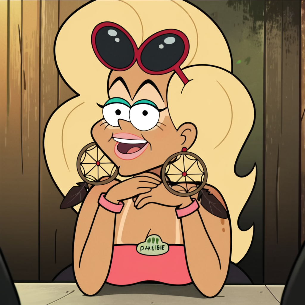 score_9, score_8_up, score_7_up, score_6_up, score_5_up, score_4_up, 1girl, blonde hair, long hair, tan, tanlines, eyewear on head, makeup, jewelry, large breasts, cleavage, leaning forward, narrow waist, wide hips, looking at viewer, highres, high quality, masterpiece,  <lora:Darleen_Gravity_Falls:1>