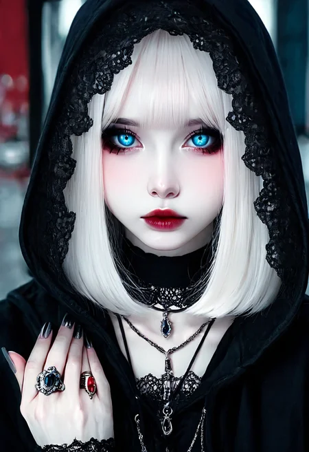 masterpiece, best quality, closed mouth, 1girl, solo, looking at viewer, blue eyes, jewelry, closed mouth, white hair, choker, hood, necklace, nail polish, lips, fingernails, makeup, ring, pale skin, portrait, black nails, lace, close-up, pendant, gothic, grey nails , <lora:R3alB3auty_NAI:1.0>,