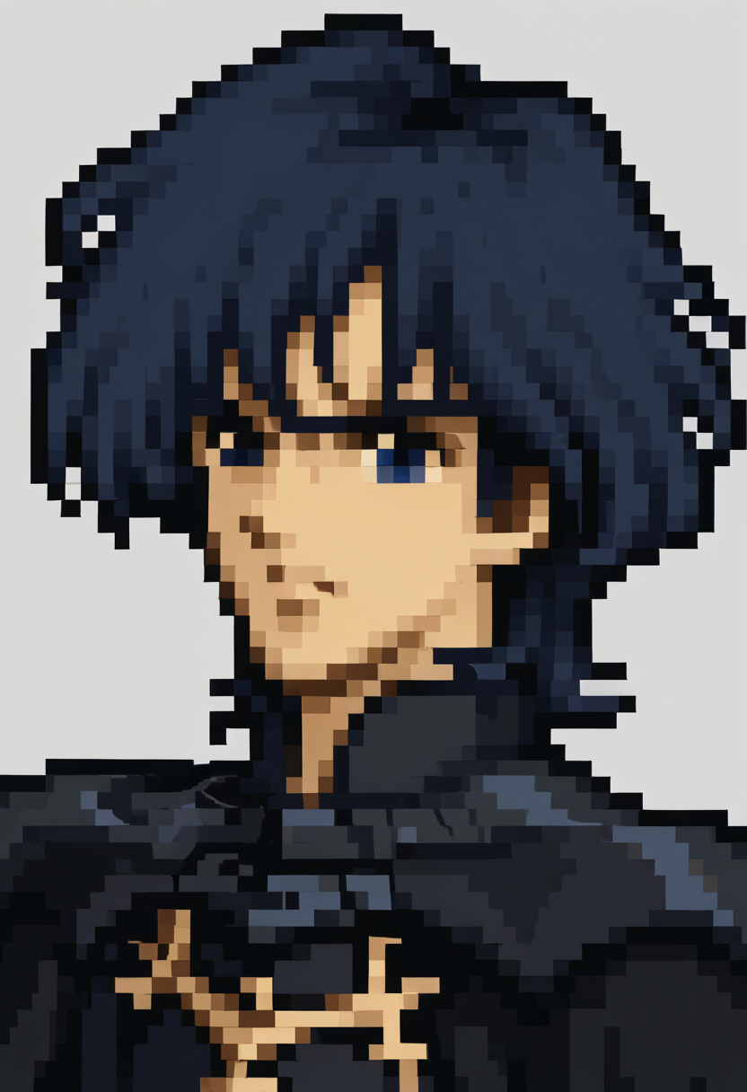 score_9, score_8_up, score_7_up, source_anime, solo, 1boy
<lora:zs_FE4PortraitsXL:1> fe4portraits, portrait, pixel art, white background
 <lora:mbyleth-pdxl-nvwls-v1:1> defmByl, dark blue hair, short hair, blue eyes, hair between eyes, black cape, black armor, black coat
