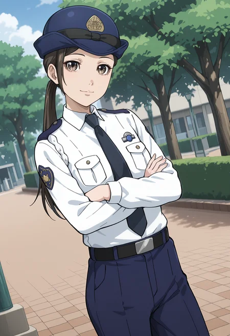 best quality, amazing quality, perfect quality, high quality, masterpiece, absolutely eye-catching BREAK
<lora:Police_in_a_Pod_-_Seiko_Fuji:1> HakozumeSeiko, brown eyes, brown hair, long hair, ponytail, parted bangs, single sidelock BREAK
police uniform, police hat, white shirt, necktie, black belt, blue pants, black shoes BREAK
1girl, solo, park, outdoors, cowboy shot, head tilt, light smile, dutch angle, crossed arms, looking at viewer