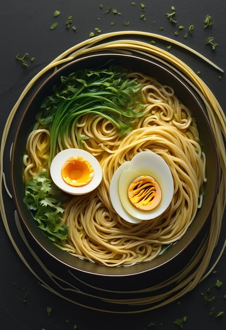 Abstract Ramen Bowl Study, Swirling Golden Broth and Delicate Noodle Textures, with Floating Scallion Greens and a Halved Soft-Boiled Egg, Minimalist Composition on a Dark Ceramic Background, Evoking the Warmth and Richness of a Perfectly Crafted Bowl of Ramen