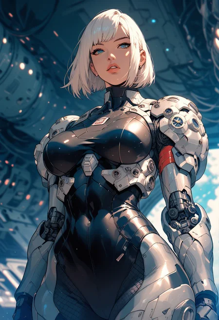 1girl, (score_9, score_8_up:1.1), score_7_up,
futuristic female warrior with white hair and a sleek, armored outfit standing confidently, pensive, huge natural breasts, fit, blue eyes,
Perspective, in space ship, front view, parted lips,