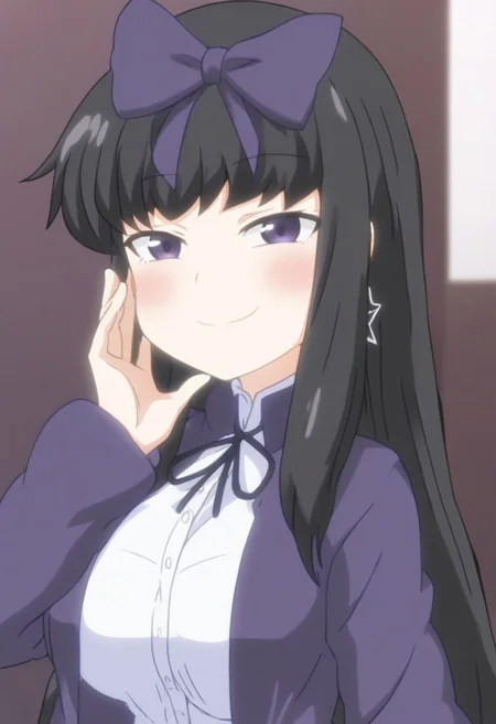 standing, upper body, upper body portrait, anime screencap, cowboy shot, smile, blush, round breasts, shunga, smile, white clothes, purple coat, short female, short female, one hand on own face