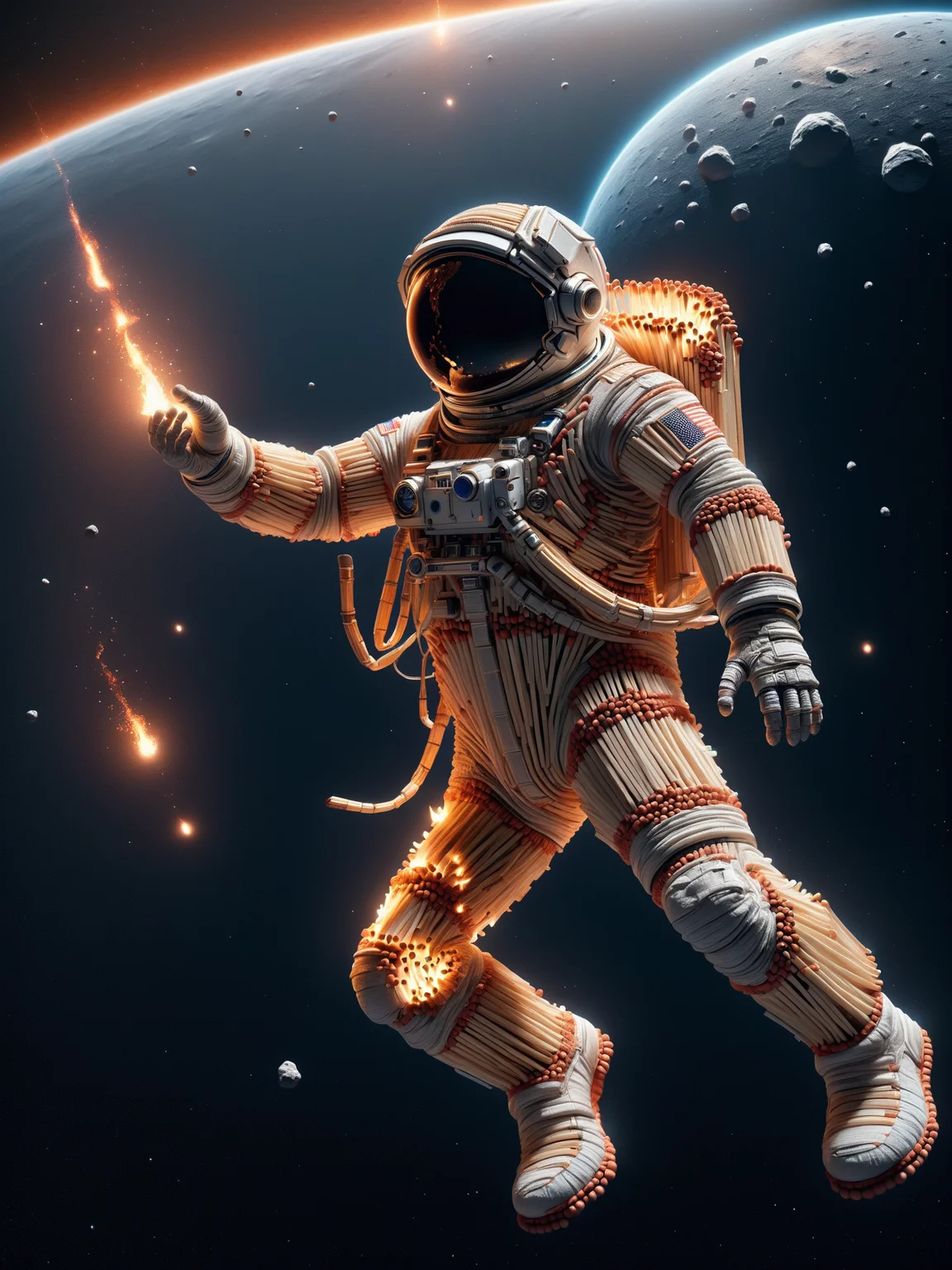 A lone astronaut floating in space, their spacesuit woven from heat-resistant ais-matches, gazing at a celestial dance of fiery asteroids <lora:Matches_Style_SDXL:1>