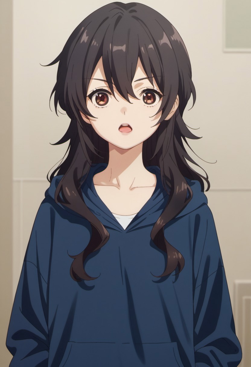 score_9, score_8_up, score_7_up, source_anime, ameku takao, long hair, black hair, brown eyes, 1girl, solo, open mouth, looking at viewer, hoodie, anime coloring, hood, collarbone, hair between eyes