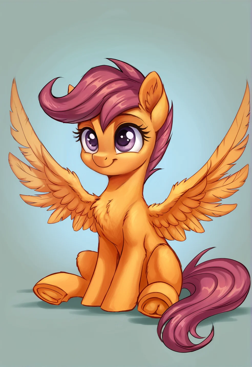 score_9, score_8_up, score_7_up, score_6_up, score_5_up, score_4_up, rating_safe, scootaloo, orange skin, orange body, female, pegasus, pony, solo, chest fluff, cute, cutealoo, filly, happy, sitting, wings, underhoof, sweet dreams fuel, frog \(hoof\), smiling, spread wings, feathered wings, g4, detailed, beautiful, <lora:Wholesome-MLP-v1.4b:1>