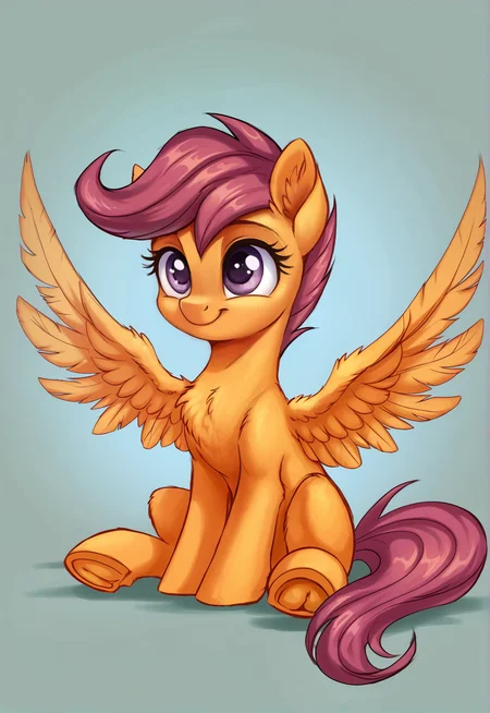 score_9, score_8_up, score_7_up, score_6_up, score_5_up, score_4_up, rating_safe, scootaloo, orange skin, orange body, female, pegasus, pony, solo, chest fluff, cute, cutealoo, filly, happy, sitting, wings, underhoof, sweet dreams fuel, frog \(hoof\), smiling, spread wings, feathered wings, g4, detailed, beautiful, <lora:Wholesome-MLP-v1.4b:1>