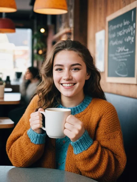 Analog photo of a woman looking like Annie_Crow_P_MXAI_SDXL , wearing a cozy knitted sweater, sitting in a café, holding a steaming mug with both hands, happy expression,