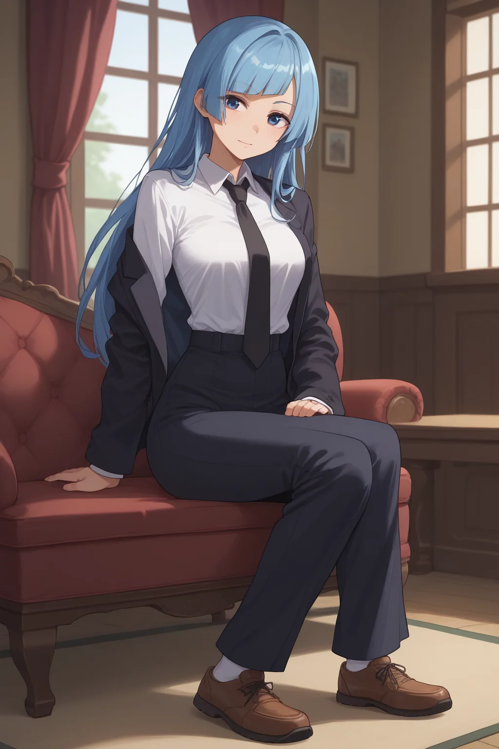score_9, score_8_up, score_7_up, score_6_up, score_5_up, score_4_up, masterpiece, high quality, BREAK, full body, 1girl, BREAK, <lora:Miwa_JJk:0.8> Miwa_JJK, blue hair, necktie, katana, black suit, navy blue eyes, brown shoes, pale skin, asymmetrical bangs, long hair, black necktie,