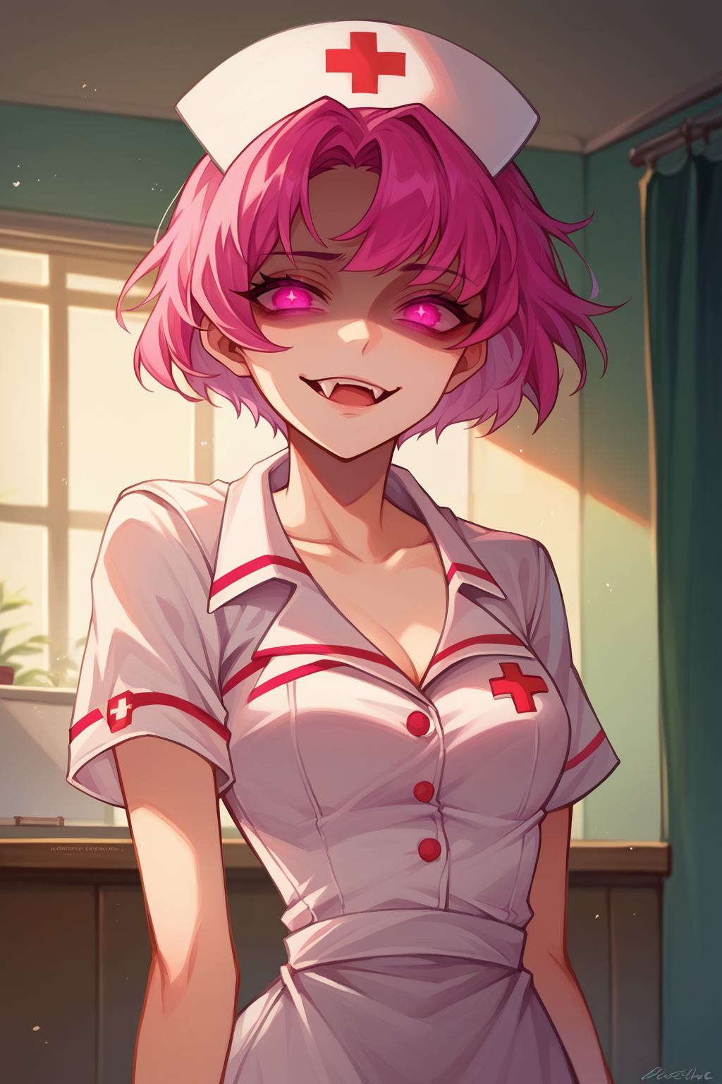 score_9, score_8_up, score_7_up, digital painting, 1girl, solo, <lora:NSNeimiFE8:0.8>  NSNeimiFE8, short hair, pink eyes, nurse outfit, evil face, indoors, miniskirt, single fang, shaded face, high contrast, glowing eyes
