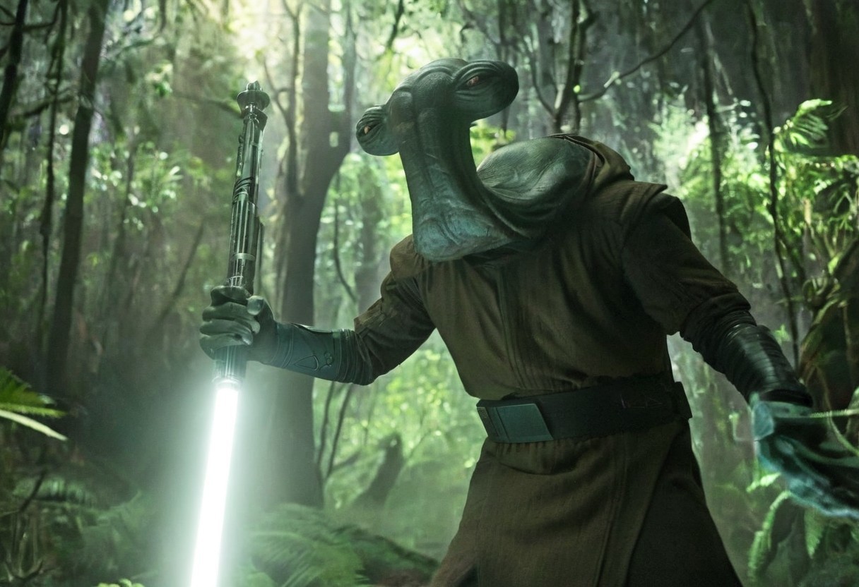 cinematic film style star wars style of an ithorian hammerhead alien, dynamic, moody, darkness, shadows, dark, sinister, pitch black, highly detailed, (Alien biomechanical futuristic cybernetic forest inside of a spaceship in background), shining heavy white armor, holding long brilliant glowing light saber, IMAX,