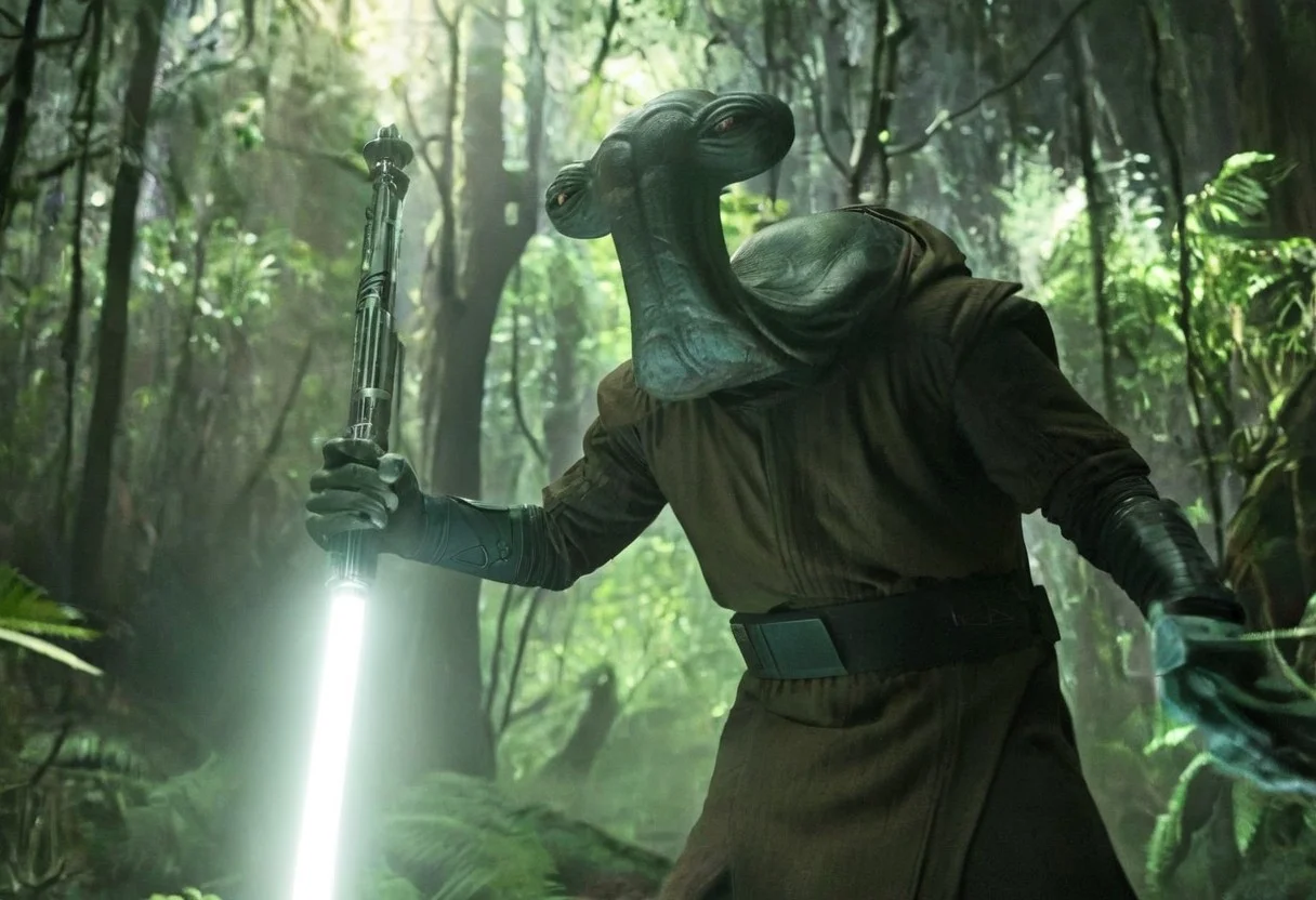 cinematic film style star wars style of an ithorian hammerhead alien, dynamic, moody, darkness, shadows, dark, sinister, pitch black, highly detailed, (Alien biomechanical futuristic cybernetic forest inside of a spaceship in background), shining heavy white armor, holding long brilliant glowing light saber, IMAX,