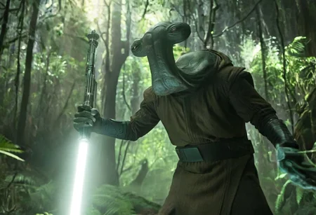 cinematic film style star wars style of an ithorian hammerhead alien, dynamic, moody, darkness, shadows, dark, sinister, pitch black, highly detailed, (Alien biomechanical futuristic cybernetic forest inside of a spaceship in background), shining heavy white armor, holding long brilliant glowing light saber, IMAX,