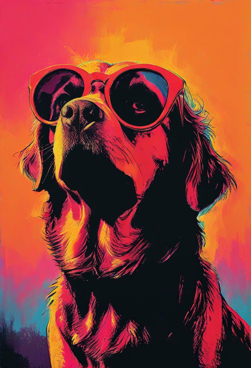 impactful color paint of, a Golden Retriever, wearing dark sunglasses, highly detailed, vibrant colors , 8k, sharp, professional, clear, high contrast, high saturated, , vivid deep blacks, crystal clear
