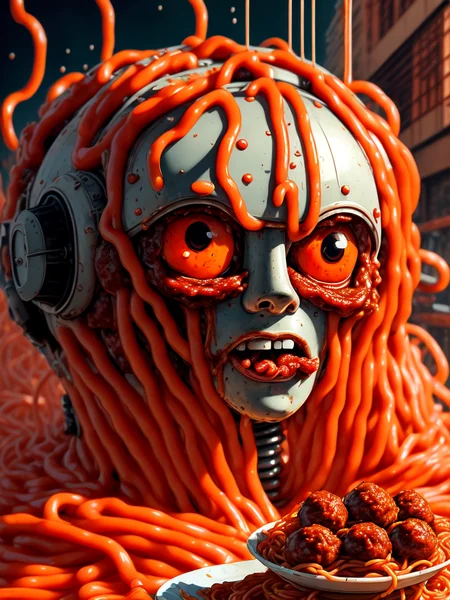 manga style portrait of a scared futuristic robot made of meatballs, cartoon tubes slicked by hot also spaghetti;} see me right from what I look just see me eating delicious delicious god++ house made of spaghetti, sloppy, wide angle; scientific, artstation, concept art, gorgeous detailed face, action, cinematic, screaming; meat
