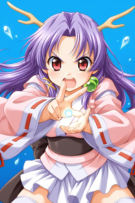 masterpiece, best quality, absurdres, official art, official style, general BREAK <lora:shizuna-torakapu_IL_v1-1:0.7>, shizuna, 1girl, solo, red eyes, purple hair, very long hair, parted bangs, hair intakes, sidelocks, hair bobbles, x hair ornament, medium breasts, dragon girl, dragon horns, japanese clothes, pink kimono, short kimono, long sleeves, wide sleeves, detached sleeves, red ribbon, ribbon-trimmed sleeves, obi, black sash, back bow, black bow, white skirt, miniskirt, pleated skirt, kimono skirt, zettai ryouiki, white thighhighs, open mouth, blush, foreshortening, magic, outstretched hand, upper body, outstretched arm, looking at viewer, simple background, hydrokinesis, water drop, v-shaped eyebrows, transformation, glowing, serious, blue background, gradient background, dynamic pose, spread legs, leaning forward