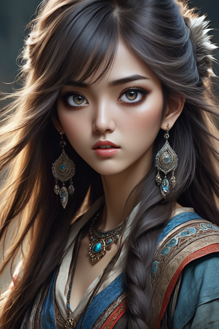 Anime delicate detailed concept art, masterpiece, ultra realistic illustration, ultra hires, ultra highres. A fierce and rebellious beauty from a medieval Central Asian nomadic tribe, with long, unkempt hair, piercing eyes, and lips pressed tight, adorned with intricate earrings showcasing the tribe's craftsmanship. Yanjun Cheng style, hazy beauty, emo, sharp eyes, rebellious, fierce, tight lips. Intricate earrings, dirty worn hardcore style, long boots, creating a magical style, high brightness and low color palette, masterpiece, cinematic moviemaker style,more detail XL,large-eyed  <lora:korean large-eyed girl:1>