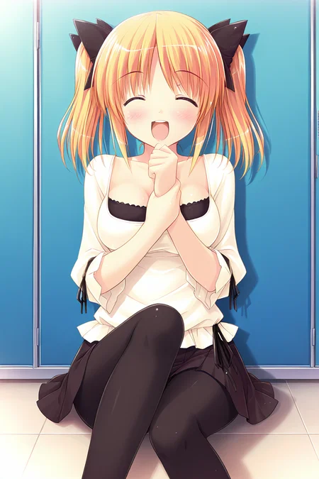 masterpiece, best quality, absurdres, official art, official style, rating general BREAK <lora:sakuraimomoka_IL_v1-1:0.7>, sakurai momoka, 1girl, solo, green eyes, blonde hair, short hair, short twintails, large breasts, hair bow, black bow, collarbone, cleavage, blouse, white shirt, square neckline, workout clothes, long sleeves, black ribbon, arm ribbon, waist ribbon, black skirt, miniskirt, pleated skirt, black pantyhose, closed eyes, blush, smile, open mouth, :d, happy, laughing, ^ ^, facing viewer, arm grab, cowboy shot, black lace design, chest area focus, on floor, sitting, knee up, knees together feet apart