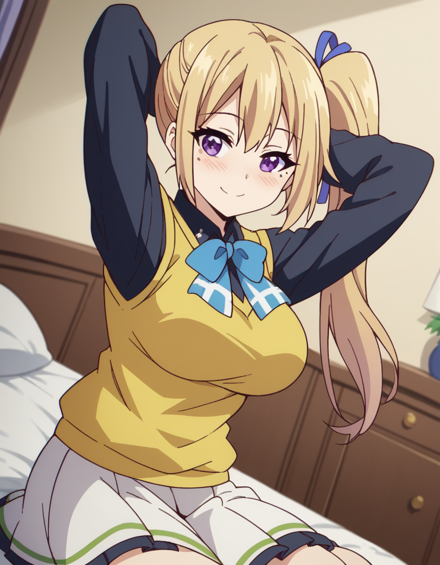 score_9, score_8_up, score_7_up, source_anime, <lora:mai-kawakami-s1-ponyxl-lora-nochekaiser:1>, mai kawakami, blonde hair, hair ribbon, long hair, mole, mole under eye, ribbon, side ponytail, purple eyes, large breasts,, school uniform, skirt, vest, yellow vest, skirt, white skirt,, indoors, bed, bed room, on side, blush, drunk,, smile, , hands behind head,, solo,, dutch angle,