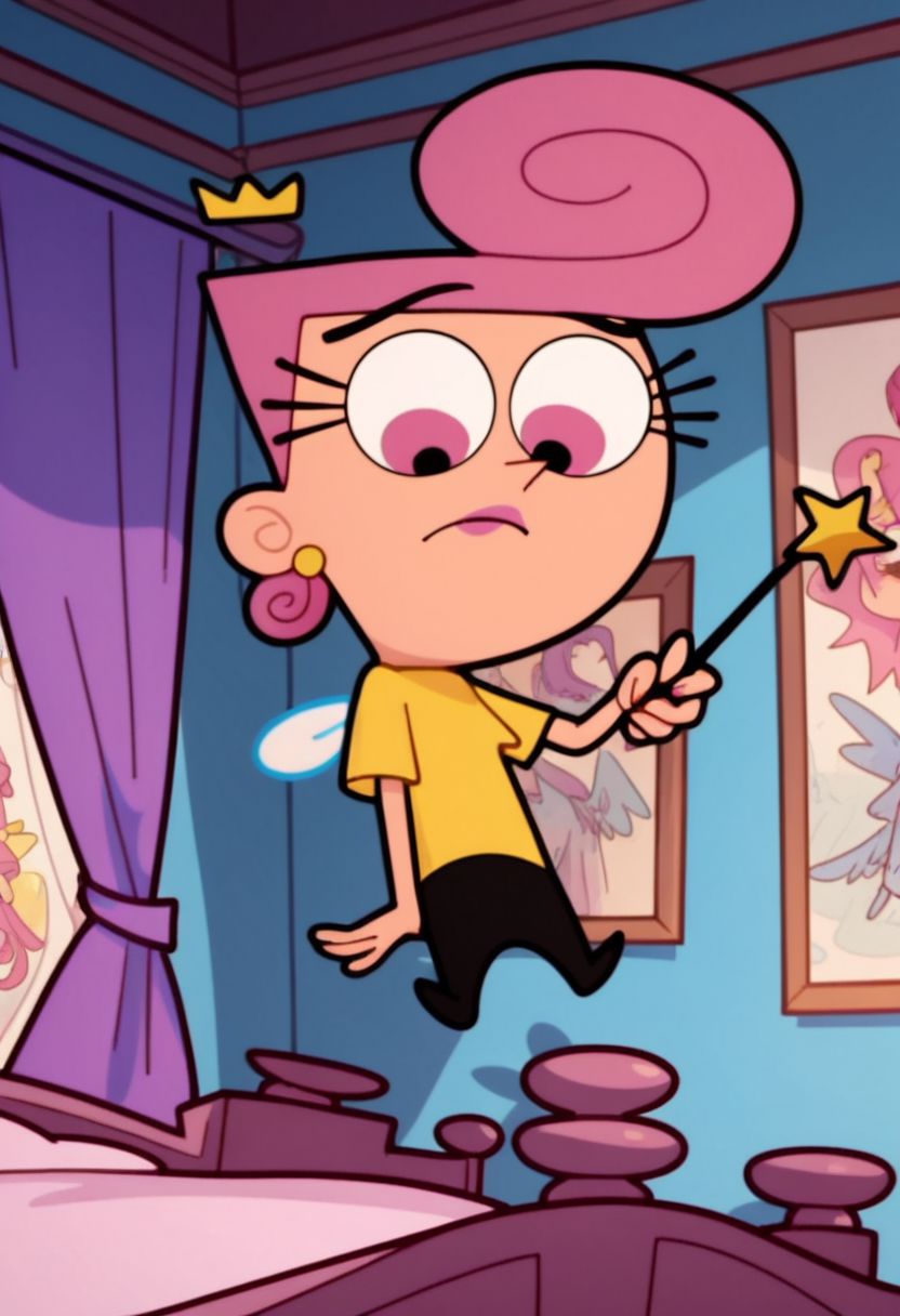 Score_9_up, score_8_up, score_7_up, 1girl, wandafp, pink hair, earrings, yellow shirt, black pants, pink eyes, pink lipstick, crown, wings, floating, wand, solo, bedroom, Expressiveh