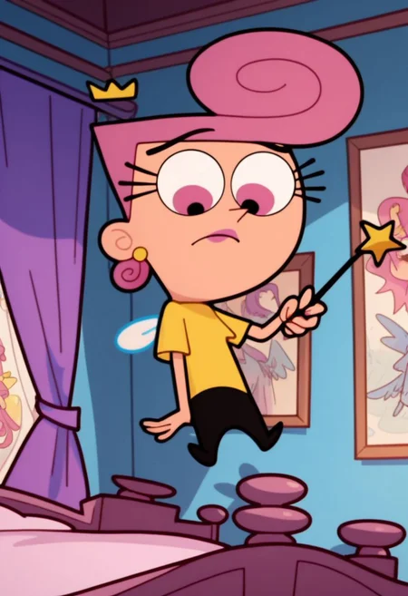 Score_9_up, score_8_up, score_7_up, 1girl, wandafp, pink hair, earrings, yellow shirt, black pants, pink eyes, pink lipstick, crown, wings, floating, wand, solo, bedroom, Expressiveh