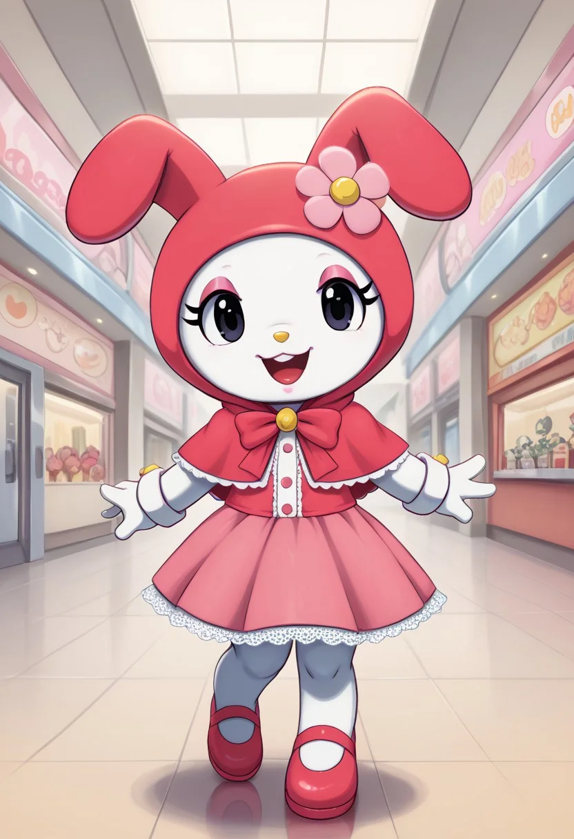 score_9, score_8_up, score_7_up, score_6_up, score_5_up, (ultra realistic, 32k, masterpiece:1.2), (high quality:1.1), Mymelo, antro, female, solo, smile, animal ears, open mouth, full body, day, rabbit ears, no humans, happy, pink flower, animal hood, animal focus, hooded capelet, furry, pokemon (creature), white body, pink ears, mall, bedroom eyes, pink makeup, pink mary jane shoes,, pink gothic dress with lace, pink lipstick, cute smile, looking at viewer, by teckworks