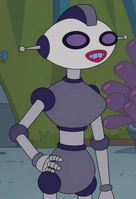 Score_9_up, score_8_up, score_7_up, BREAK 1girl, solo, moniquefu, robot, purple eyes, hand on hip, bedroom