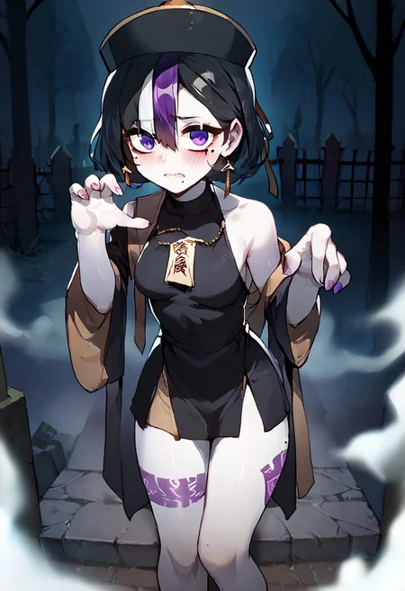drunkoak, score_9, score_8_up, score_7_up, score_6_up, masterpiece, best quality, detailed, (1girl), 
JiangshiT, zombie pose, ofuda, 
syuen, purple eyes, black hair, streaked hair, short hair, bangs, leg tattoo, mole under eye,
petite, Halloween costume, spell tags, paper tag, talisman, 
Graveyard, high-angle view, mist, fog, 
blush, embarrassed, cute face,