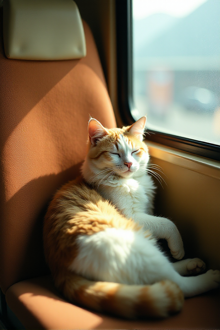 Japanese Culture Style, Emotional Photos, 35mm film, soft focus, Japanese cat sleeping on a train seat, Warm atmosphereâââ