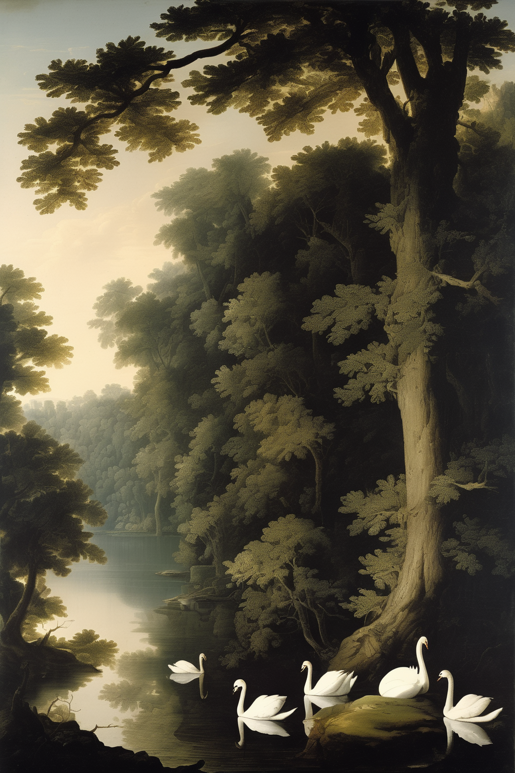Joseph Wright Of Derby Style - Hyper detailed serene early morning landscape with the wall of giant, dense trees over the lake. A flock of white swans on that lake looks small compared to huge crones of trees. Early morning. Antique Renaisance print on paper, 17th century, highly detailed, concept art, grotesque. Claude Lorrain. Epic, majestic, decadent, lavish, rich, sumptuous, nostalgic, 8K UHD 5000