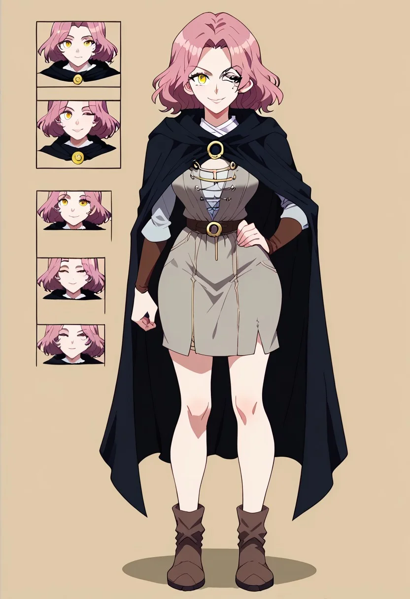 score_9, score_8_up, score_7_up, score_6_up, simple background, character sheet, looking at viewer, full body, 1girl, solo, character sheet, reference sheet, screencap ,MirandaPXL,1girl, solo, scar across eye, facial tattoo, one eye closed, brown hair, medium hair, yellow eyes, black cloak, hooded cloak, hood down, grey dress, long sleeves, cape, <lora:Melina_pdxl_Incrs_v2:1>, smile, cute, indoors, big breasts, seductive, thighs, legs, wide hips, one hand in hip, one hand with a fire ball