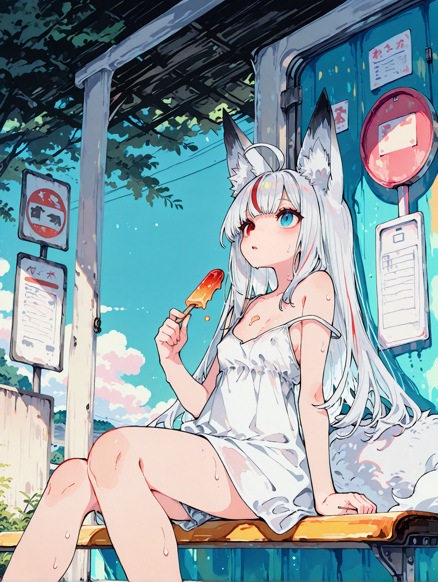 original, twilightxiaï¼ 1girl(silver hair,long hair,red eye,blue eye,heterochromia,red streaked:1.3,small breasts,fox girl,fox ears,ahoge), sitting, holding popsicle stick, parted lips, facing up, sweat, melting liquid, strap slip, covered nipples, implied nipples, bus stop, outdoors, from below, sensitive, high saturation, hitomaru, (nikorashi-ka:0.5),(mikozin:0.4), (bison_cangshu:0.4),(kuzuvine:0.6), latest, masterpiece,best quality,newest,absurdres,highres,very aesthetic, very awa,